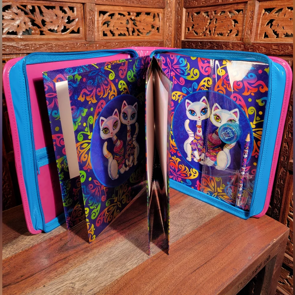 Vintage Y2K Lisa Frank Siamese Cats Roxi & Rollie Zipper 3 Ring Binder, Folders